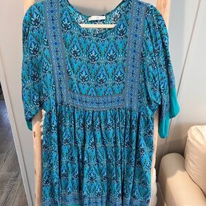 Boho Teal Printed Midi Dress with Short Sleeves